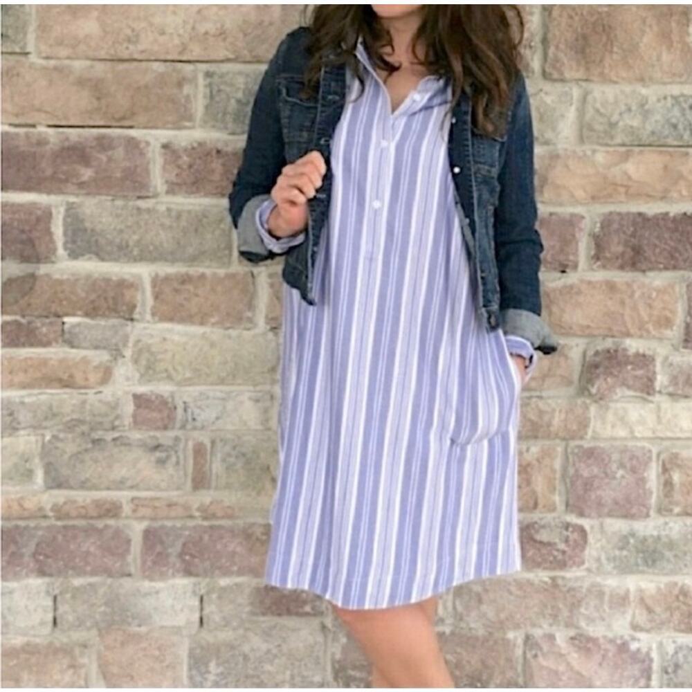 J. Jill Blue White Tunic Shirt Dress Long Sleeve Pockets Buttons Rayon Women's M - Picture 15 of 15